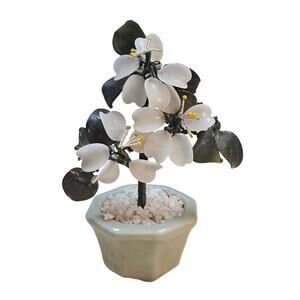 Rare VTG Chinese Art Glass Bonsai Tree Sculpture White Quince Flowers in Pot